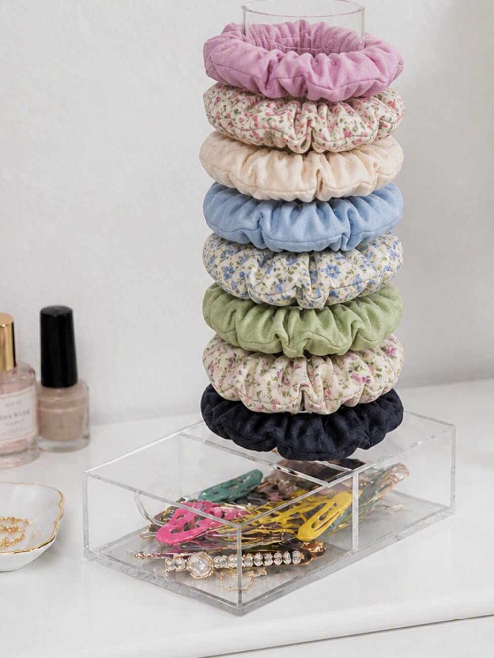 Talltoise Acrylic Scrunchie Holder with bottom storage drawer